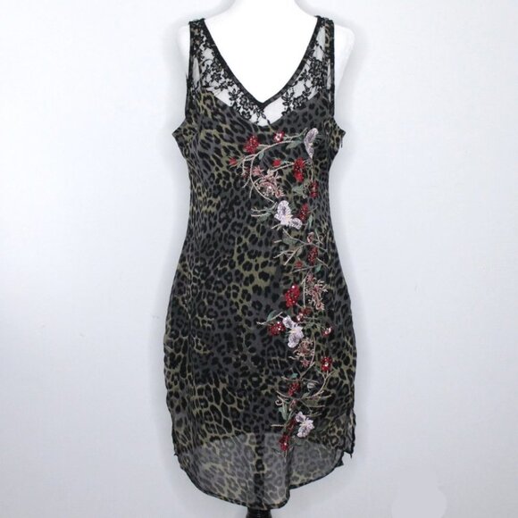 Guess Dark Leopard Print Floral Embroidered Lace Dress Size M - Picture 2 of 13